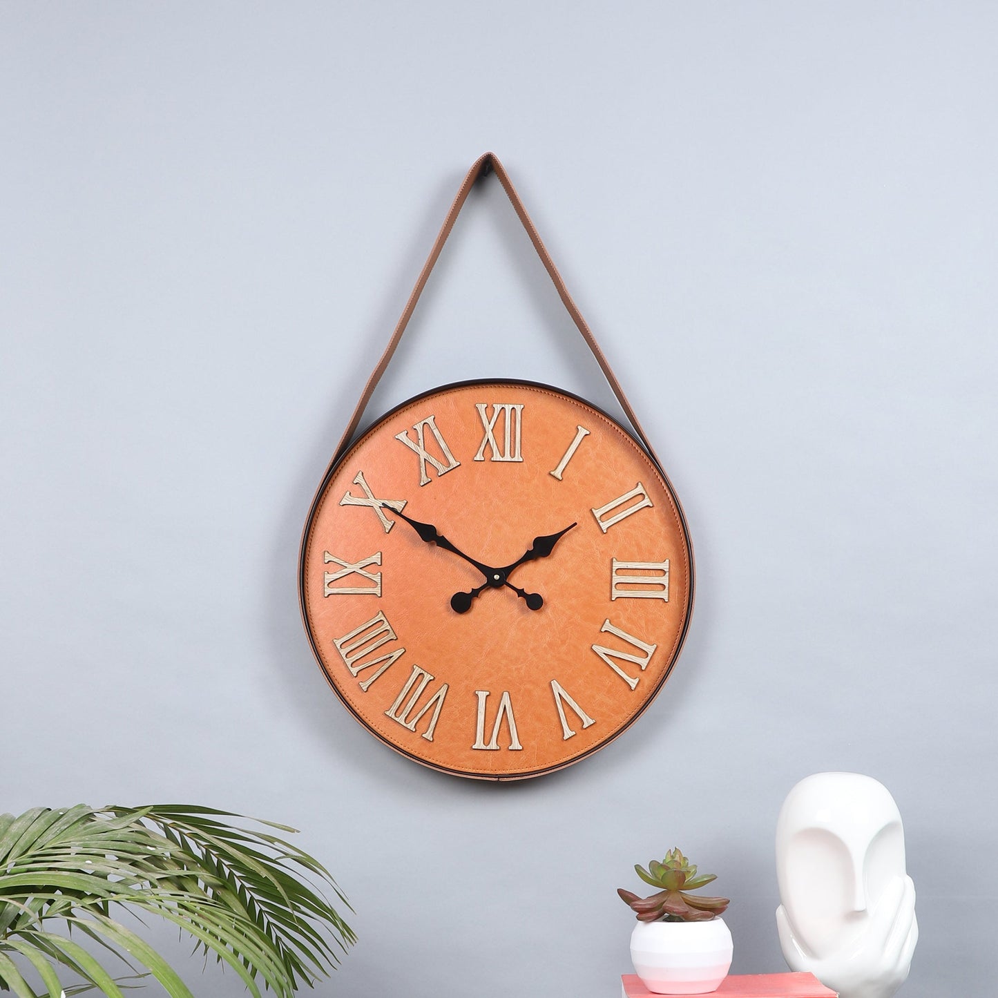 "Vintage Roman Numeral Wall Clock with Leather Strap"