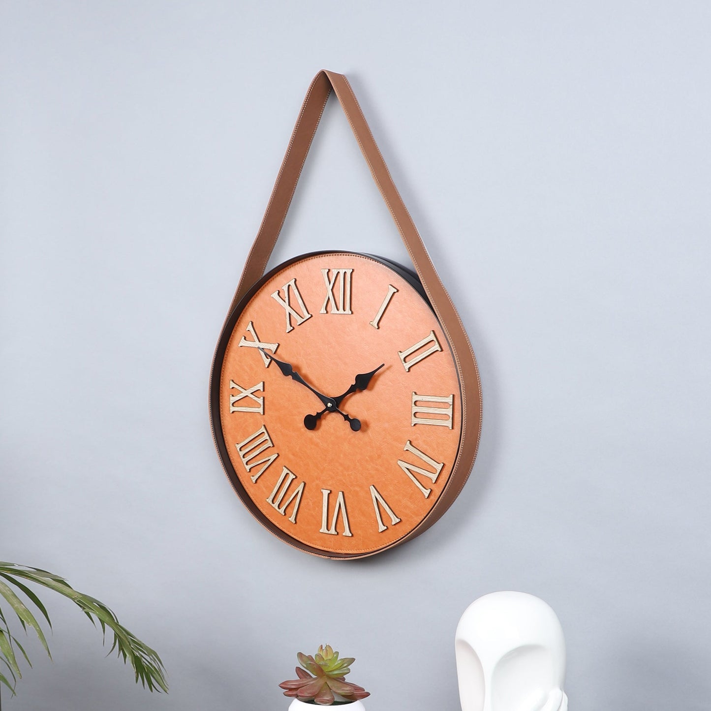 "Vintage Roman Numeral Wall Clock with Leather Strap"