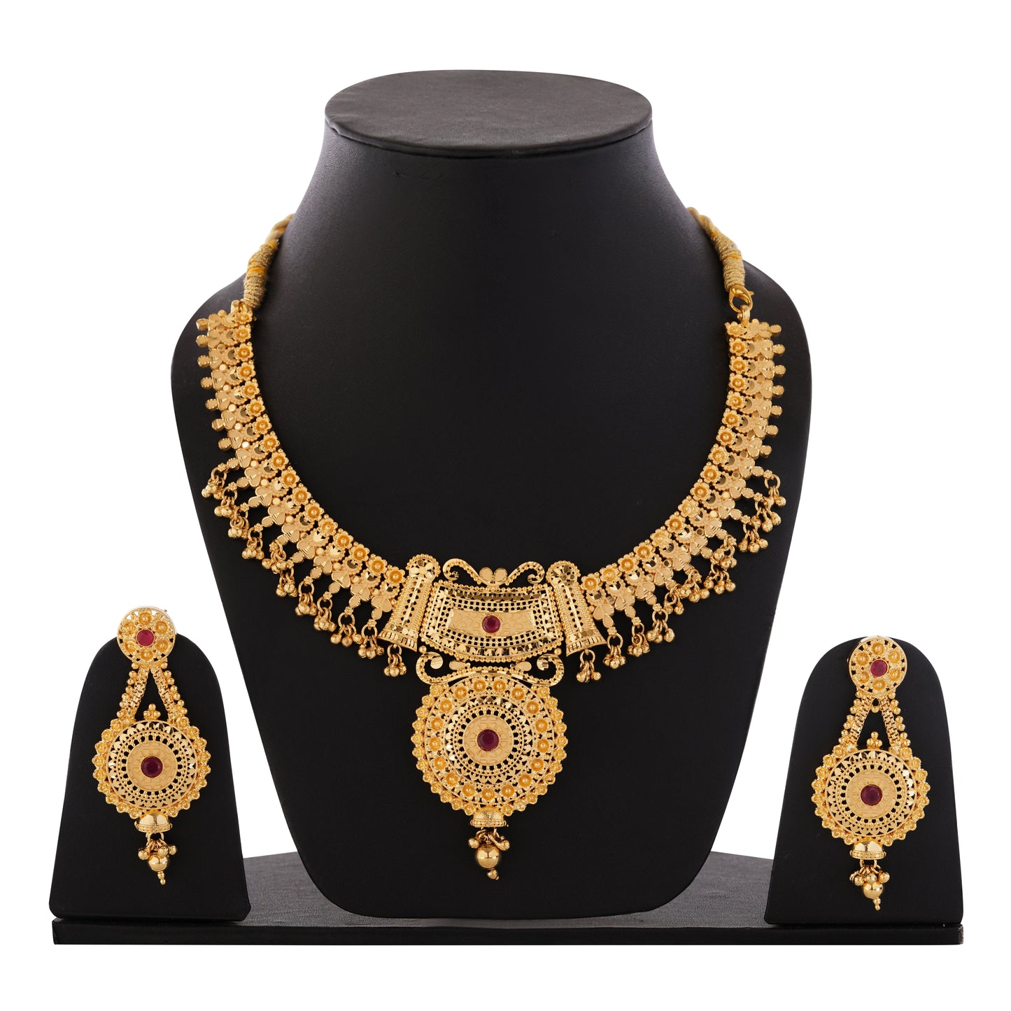 Elegant 1Gm Gold Necklace and Earring Set with Ruby Accents